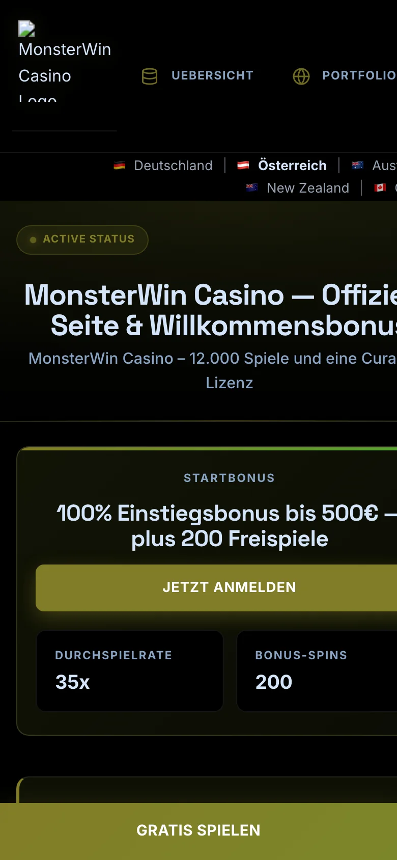 MonsterWin Casino mobile lobby screenshot
