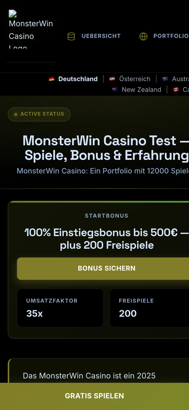 MonsterWin Casino mobile lobby screenshot