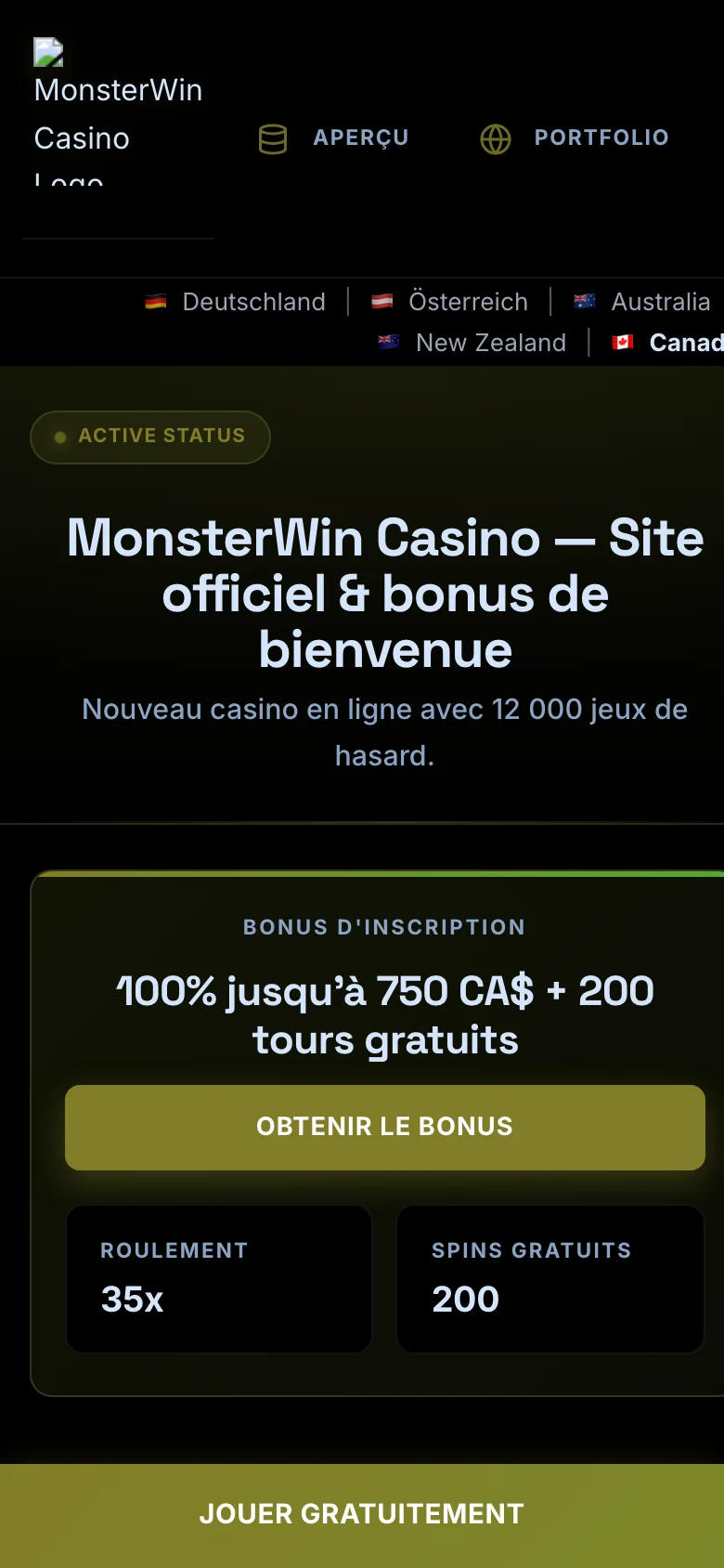 MonsterWin Casino mobile lobby screenshot